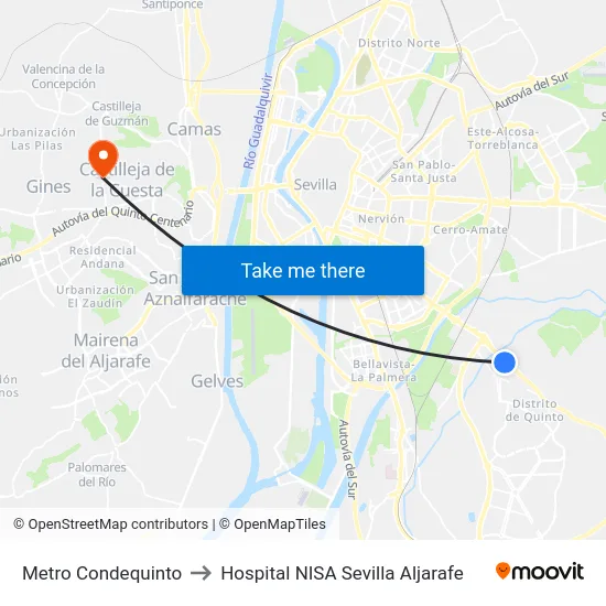 Metro Condequinto to Hospital NISA Sevilla Aljarafe map