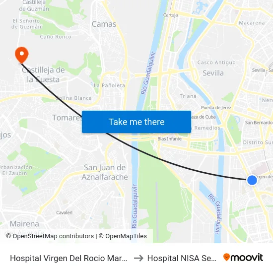 Hospital Virgen Del Rocio Marques Luca de Tena to Hospital NISA Sevilla Aljarafe map