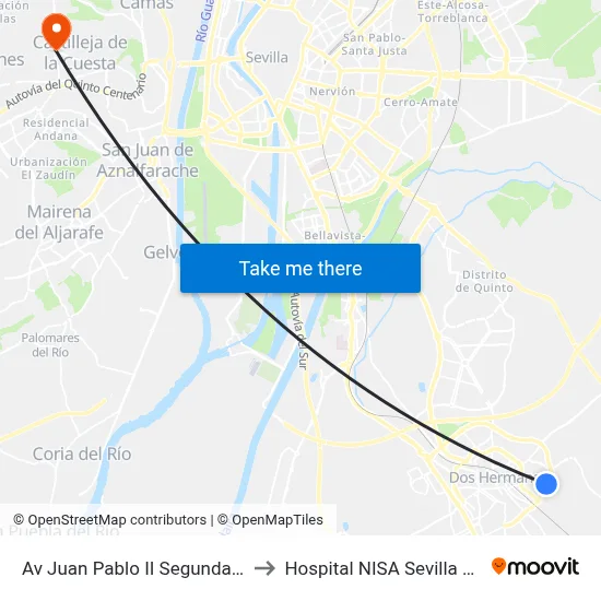 Av Juan Pablo II Segunda Parada to Hospital NISA Sevilla Aljarafe map