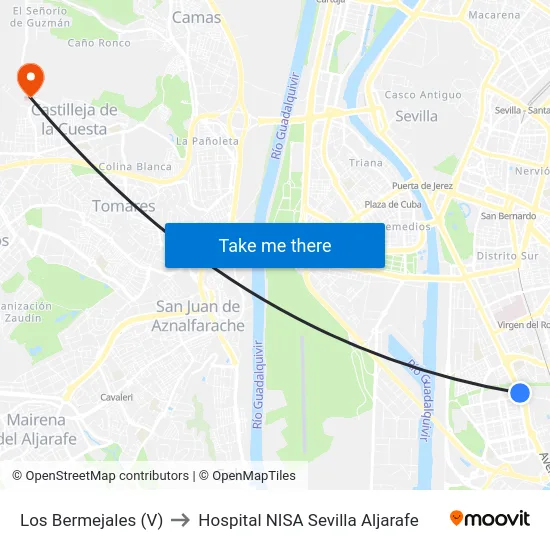 Los Bermejales (V) to Hospital NISA Sevilla Aljarafe map