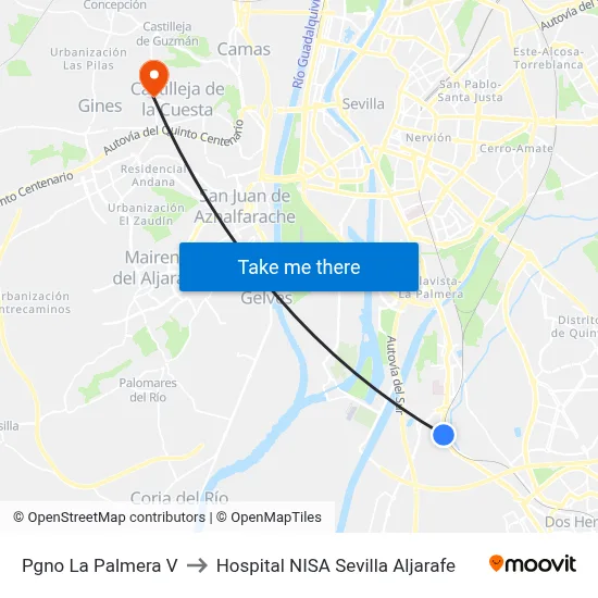 Pgno La Palmera V to Hospital NISA Sevilla Aljarafe map