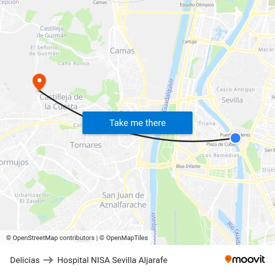 Delicias to Hospital NISA Sevilla Aljarafe map