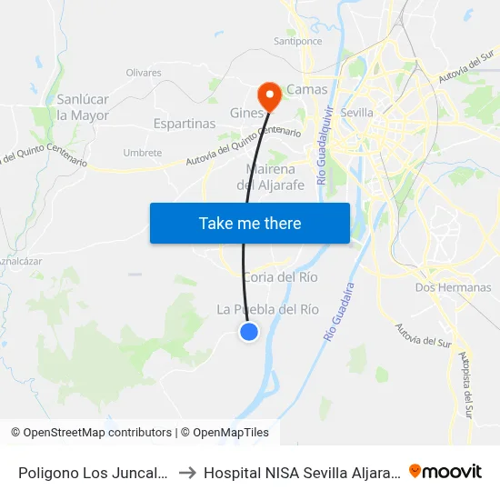 Poligono Los Juncales to Hospital NISA Sevilla Aljarafe map
