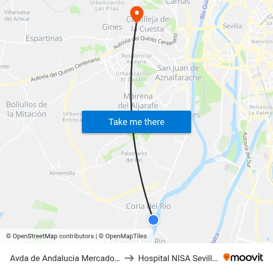 Avda de Andalucia Mercado de Abastos to Hospital NISA Sevilla Aljarafe map