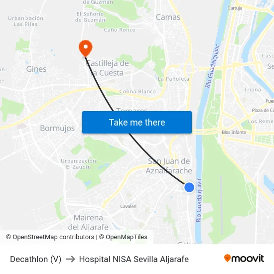 Decathlon (V) to Hospital NISA Sevilla Aljarafe map