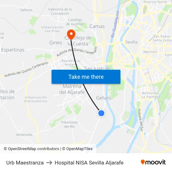 Urb Maestranza to Hospital NISA Sevilla Aljarafe map