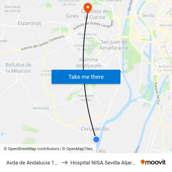 Avda de Andalucia 192 to Hospital NISA Sevilla Aljarafe map