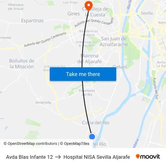 Avda Blas Infante 12 to Hospital NISA Sevilla Aljarafe map