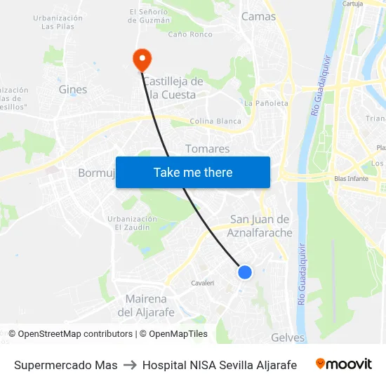 Supermercado Mas to Hospital NISA Sevilla Aljarafe map