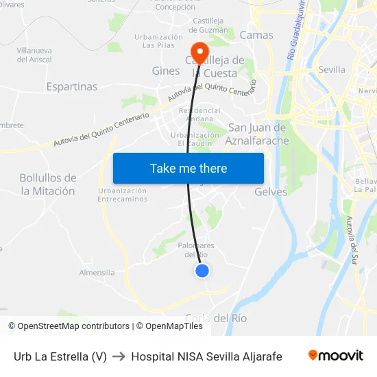 Urb La Estrella (V) to Hospital NISA Sevilla Aljarafe map