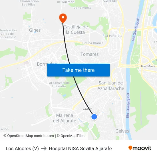Los Alcores (V) to Hospital NISA Sevilla Aljarafe map