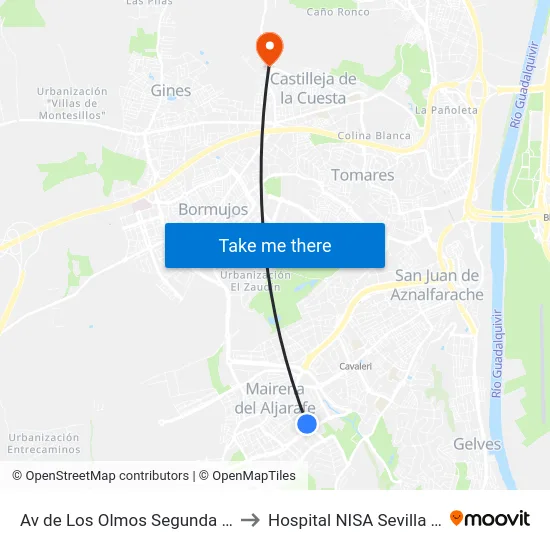 Av de Los Olmos Segunda Parada V to Hospital NISA Sevilla Aljarafe map