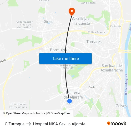C Zurraque to Hospital NISA Sevilla Aljarafe map