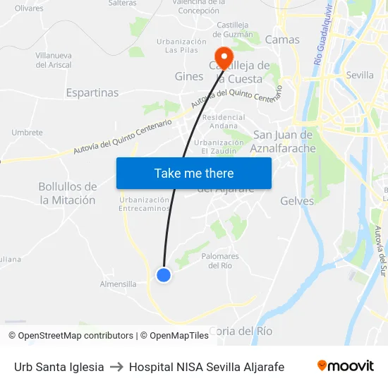 Urb Santa Iglesia to Hospital NISA Sevilla Aljarafe map