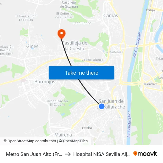 Metro San Juan Alto (Frente) to Hospital NISA Sevilla Aljarafe map