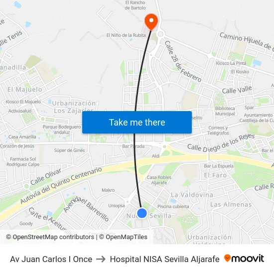 Av Juan Carlos I Once to Hospital NISA Sevilla Aljarafe map