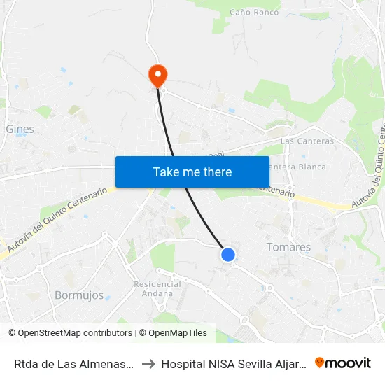 Rtda de Las Almenas(V) to Hospital NISA Sevilla Aljarafe map