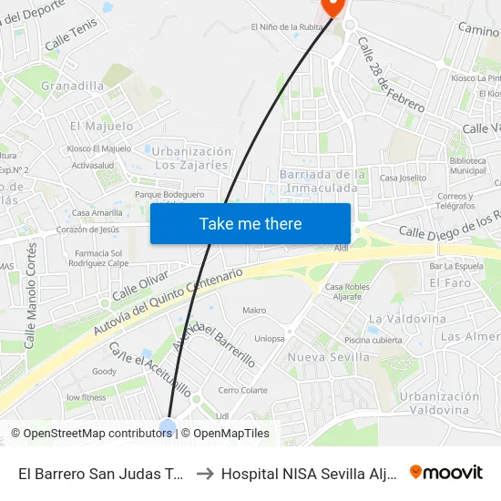 El Barrero San Judas Tadeo to Hospital NISA Sevilla Aljarafe map