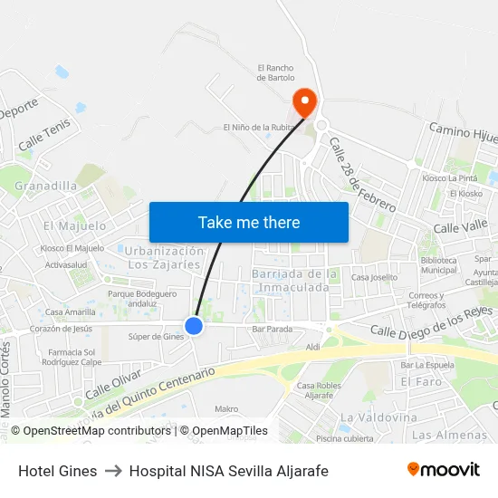 Hotel Gines to Hospital NISA Sevilla Aljarafe map