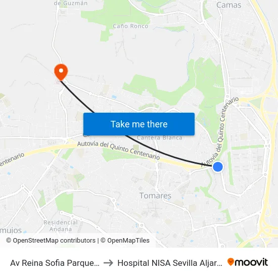 Av Reina Sofia Parque (I) to Hospital NISA Sevilla Aljarafe map