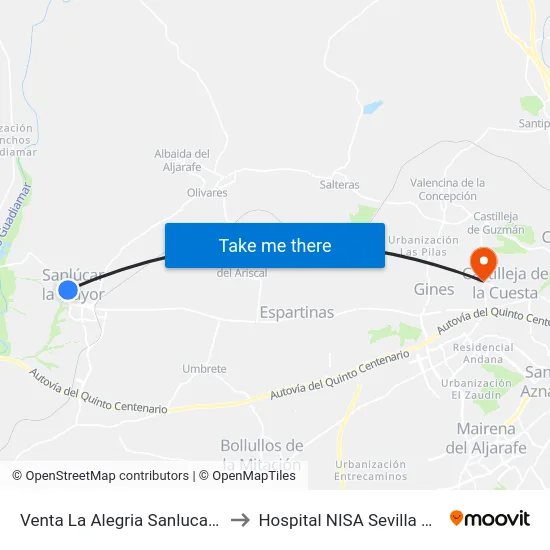 Venta La Alegria Sanlucar M. (V) to Hospital NISA Sevilla Aljarafe map