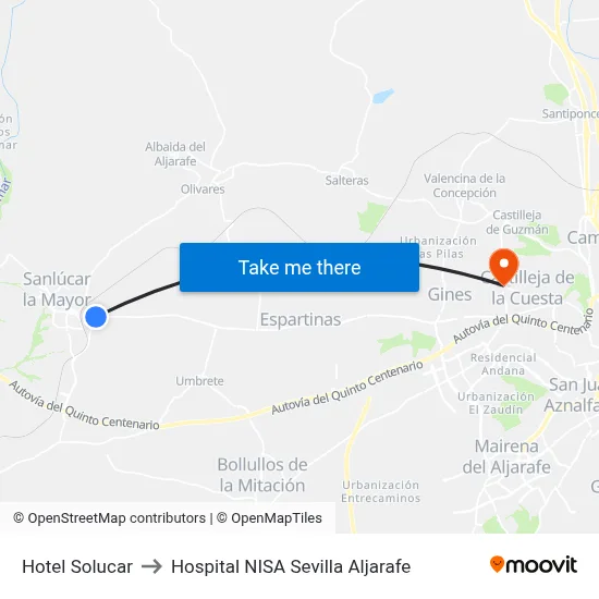 Hotel Solucar to Hospital NISA Sevilla Aljarafe map