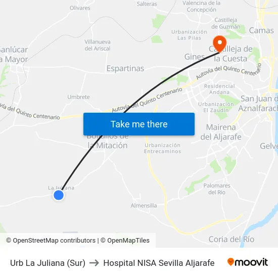 Urb La Juliana (Sur) to Hospital NISA Sevilla Aljarafe map