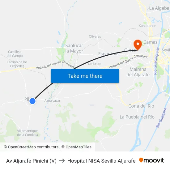 Av Aljarafe Pinichi (V) to Hospital NISA Sevilla Aljarafe map