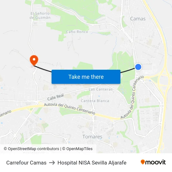 Carrefour Camas to Hospital NISA Sevilla Aljarafe map