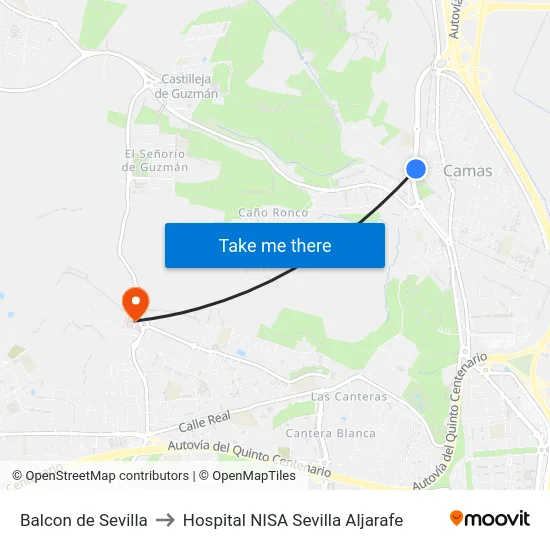 Balcon de Sevilla to Hospital NISA Sevilla Aljarafe map