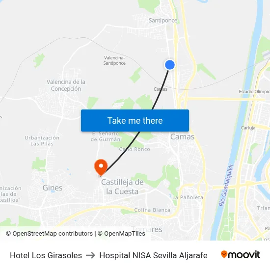 Hotel Los Girasoles to Hospital NISA Sevilla Aljarafe map