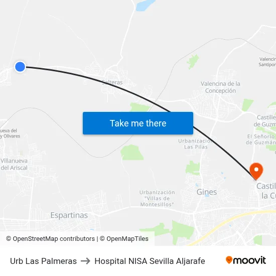 Urb Las Palmeras to Hospital NISA Sevilla Aljarafe map