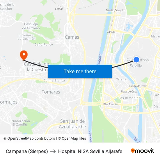 Campana (Sierpes) to Hospital NISA Sevilla Aljarafe map