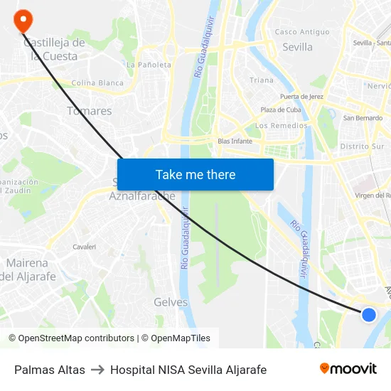 Palmas Altas to Hospital NISA Sevilla Aljarafe map