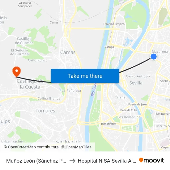 Muñoz León (Sánchez Perrier) to Hospital NISA Sevilla Aljarafe map