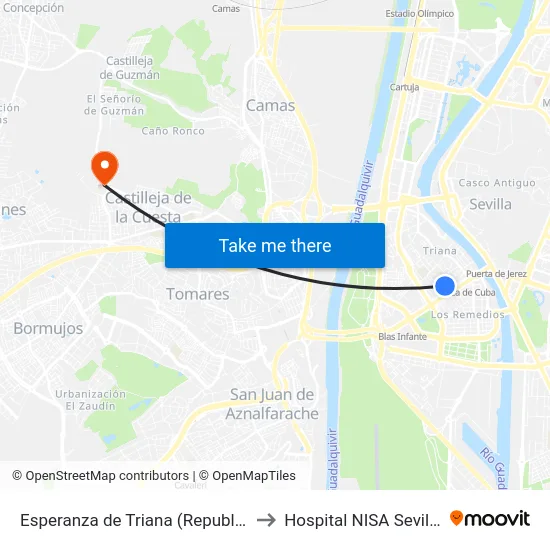 Esperanza de Triana (Republica Argentina) to Hospital NISA Sevilla Aljarafe map