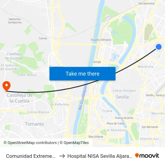 Comunidad Extremeña to Hospital NISA Sevilla Aljarafe map