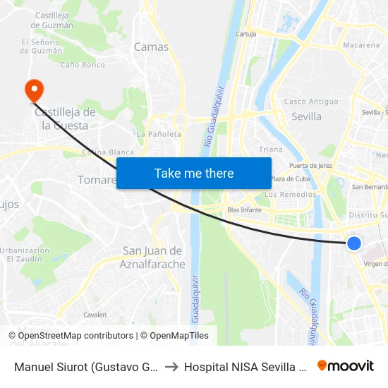 Manuel Siurot (Gustavo Gallardo) to Hospital NISA Sevilla Aljarafe map