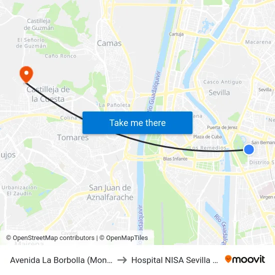 Avenida La Borbolla (Montevideo) to Hospital NISA Sevilla Aljarafe map
