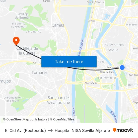 El Cid Av. (Rectorado) to Hospital NISA Sevilla Aljarafe map