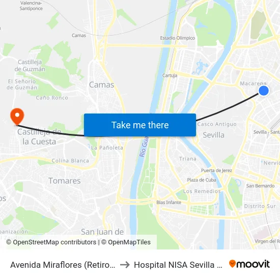 Avenida Miraflores (Retiro Obrero) to Hospital NISA Sevilla Aljarafe map
