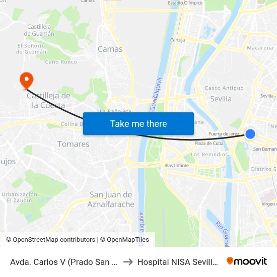 Avda. Carlos V (Prado San Sebastián) to Hospital NISA Sevilla Aljarafe map