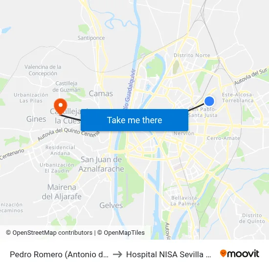 Pedro Romero (Antonio de Lara) to Hospital NISA Sevilla Aljarafe map