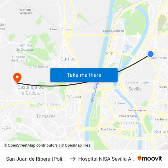 San Juan de Ribera (Policlínico) to Hospital NISA Sevilla Aljarafe map