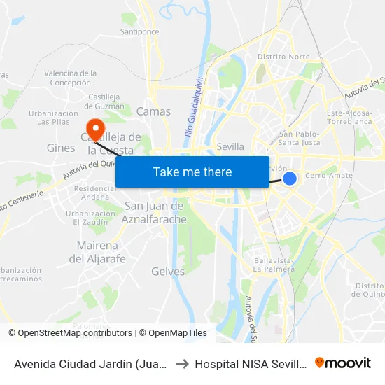 Avenida Ciudad Jardín (Juan de Padilla) to Hospital NISA Sevilla Aljarafe map