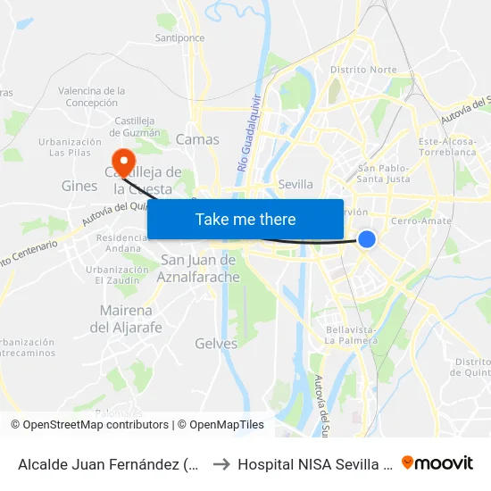 Alcalde Juan Fernández (El Juncal) to Hospital NISA Sevilla Aljarafe map