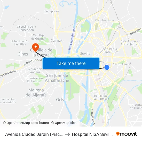 Avenida Ciudad Jardín (Piscinas Sevilla) to Hospital NISA Sevilla Aljarafe map
