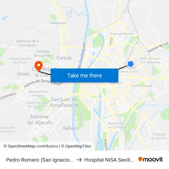Pedro Romero (San Ignacio de Loyola) to Hospital NISA Sevilla Aljarafe map