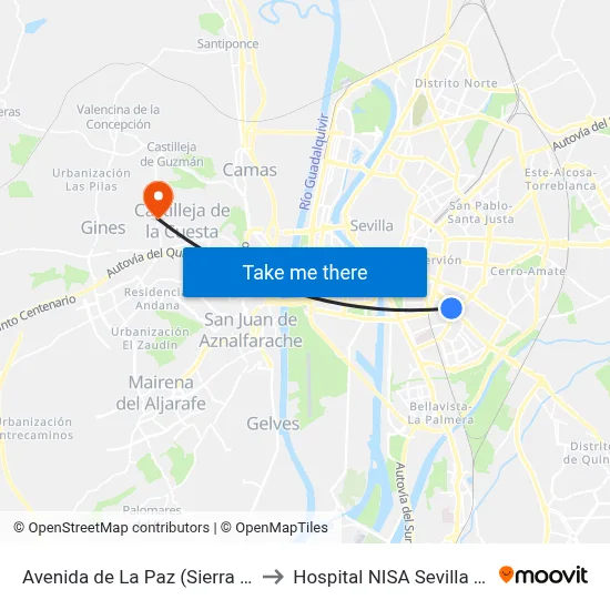 Avenida de La Paz (Sierra Morena) to Hospital NISA Sevilla Aljarafe map