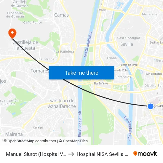 Manuel Siurot (Hospital V.Rocio) to Hospital NISA Sevilla Aljarafe map
